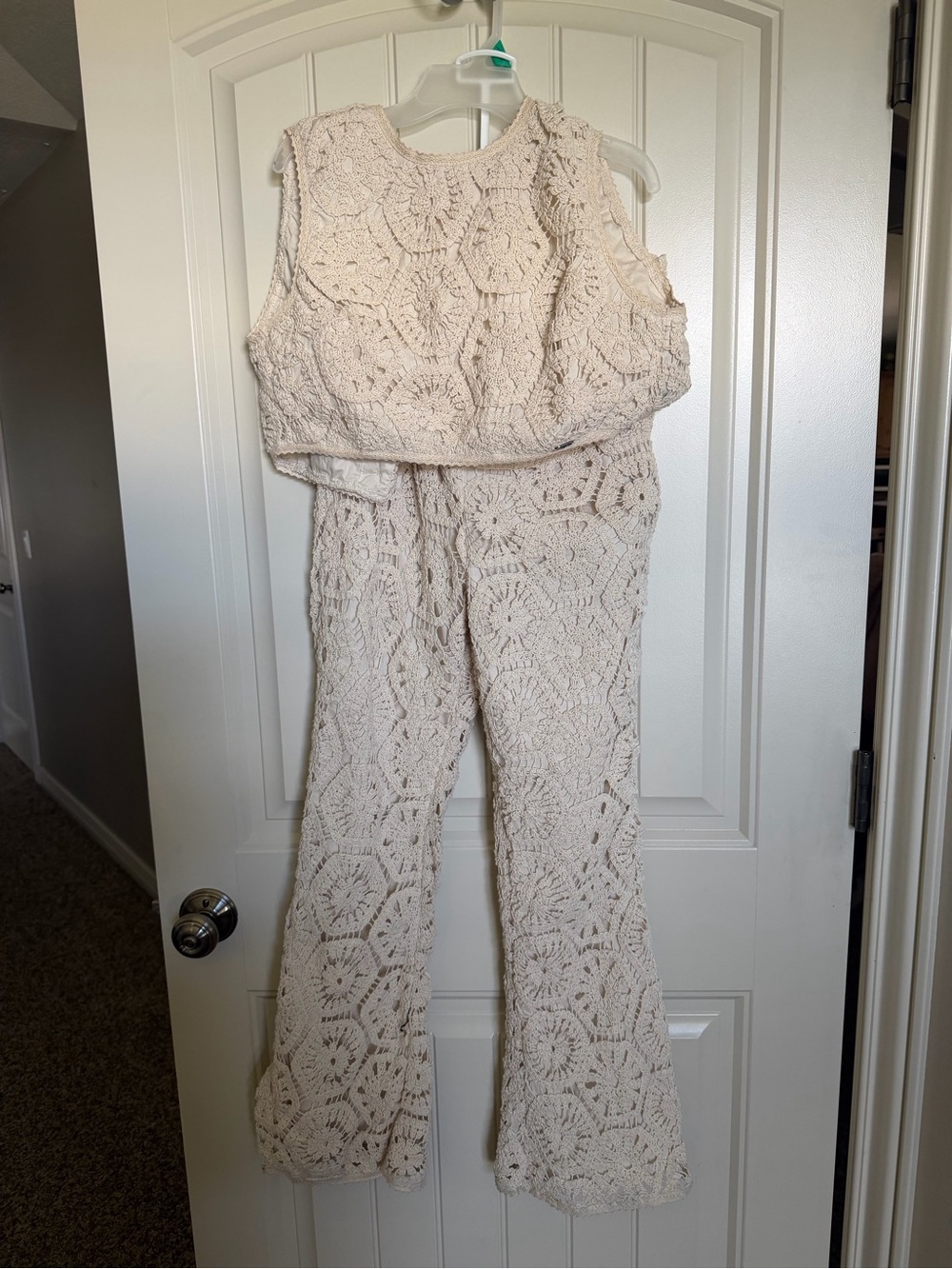 Lucky & Blessed Cream Crochet Flare Jumpsuit set top and pants Small